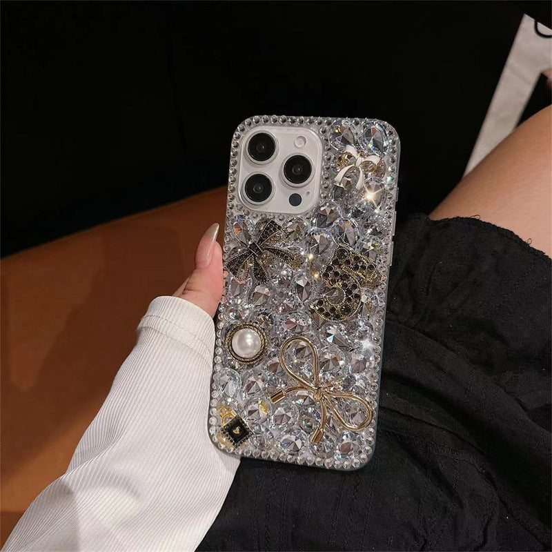 Rhinestone love mirror iPhone15Promax mobile phone case suitable for Apple 16/14plus simple anti-fall soft