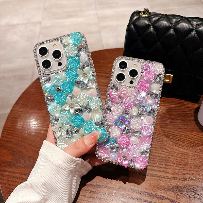 Full diamond rose flower iphone16promax mobile phone case suitable for Apple 15 luxury diamond-encrusted pearl protective cover