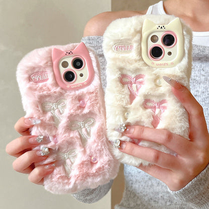 Suitable for iPhone16promax plush mobile phone case with bow Apple 15 cartoon cloud anti-fall 14 protective case