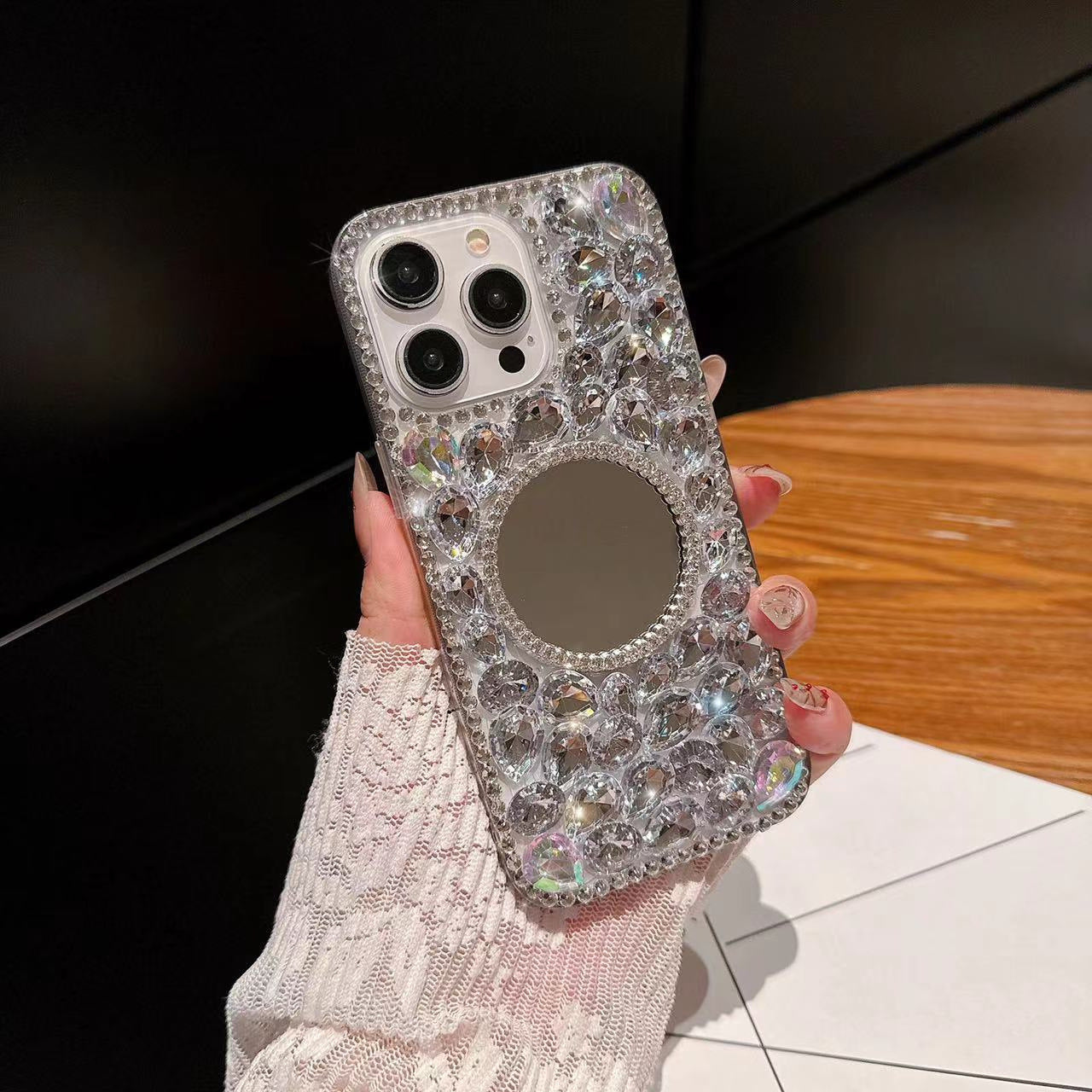 Rhinestone love mirror iPhone15Promax mobile phone case suitable for Apple 16/14plus simple anti-fall soft