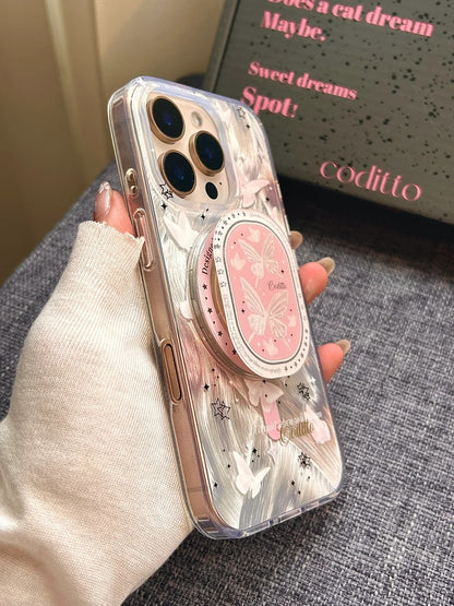 The high-looking and atmospheric butterfly phone case with sparkling shading design matches the iPhone 16 Pro Desert Gold
