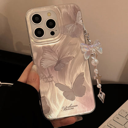 Feather yarn ins pink butterfly suitable for Apple 15pro max mobile phone case iphone16 pendant