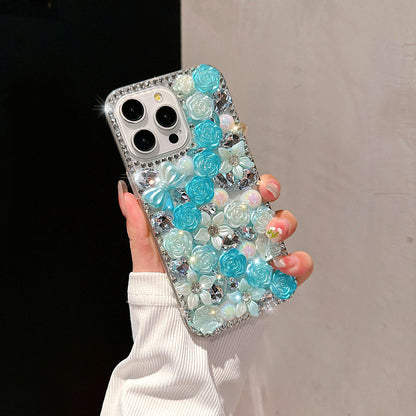 Full diamond rose flower iphone16promax mobile phone case suitable for Apple 15 luxury diamond-encrusted pearl protective cover