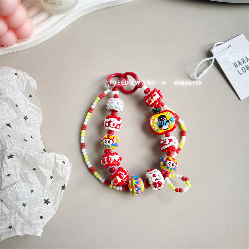 Cream hand-painted beaded cute beads with bracelet DIY bag pendant contrasting color keychain mobile phone chain