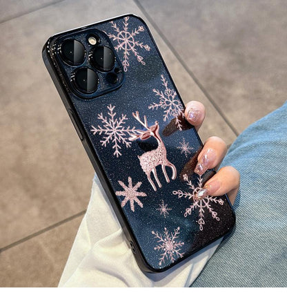 Snowflake Deer suitable for iPhone15promax mobile phone case new Ip15pro electroplated glitter powder comes with lens film