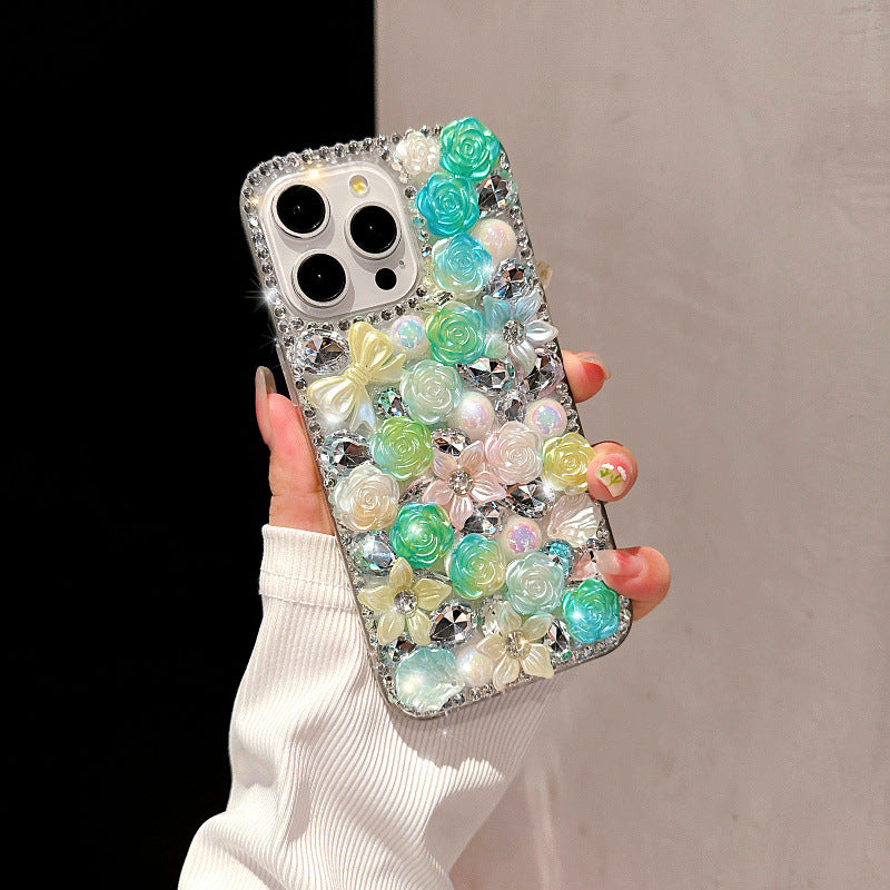 Full diamond rose flower iphone16promax mobile phone case suitable for Apple 15 luxury diamond-encrusted pearl protective cover