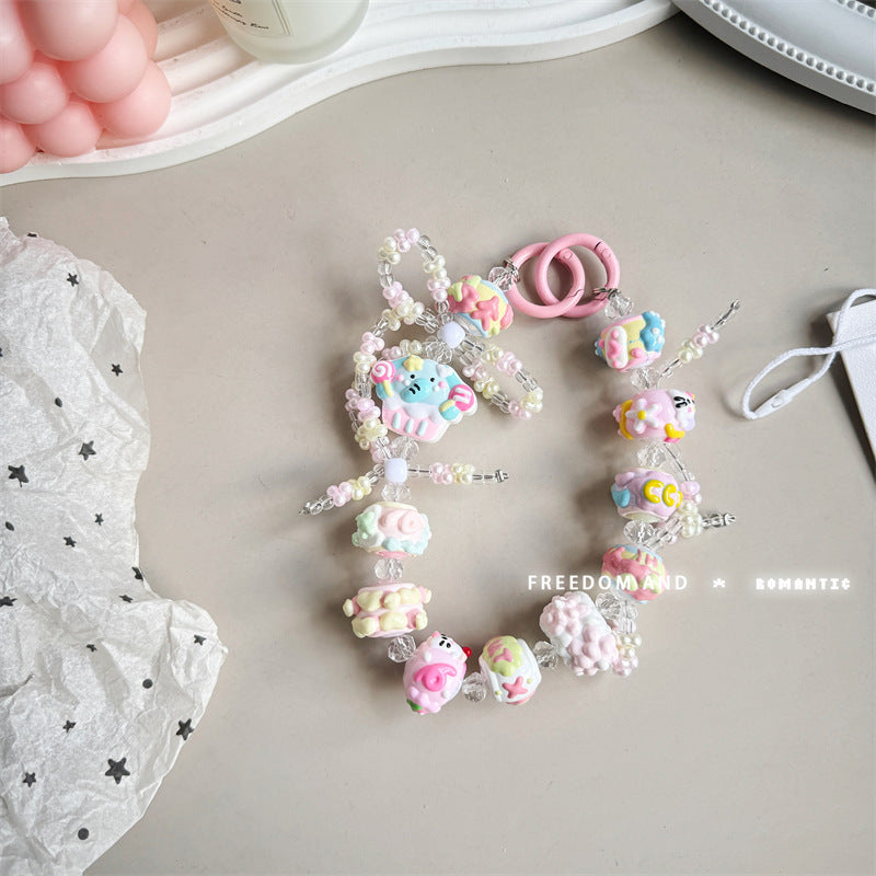 Cream hand-painted beaded cute beads with bracelet DIY bag pendant contrasting color keychain mobile phone chain