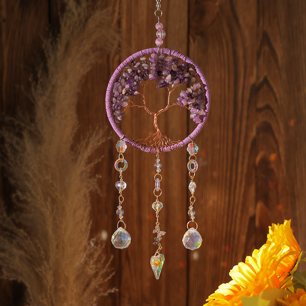 Light luxury tree of life dream catcher crystal stone hand-woven handicraft wind chime car pendant