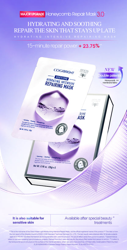 COGIBRIGHT Honeycomb Intensive Repair Mask 3.0 | 4D Hyaluronic Acid | Patented Membrane | Soothe Redness & Hydrate | Sensitive Skin & Late-Night Recovery | 5 Sheets