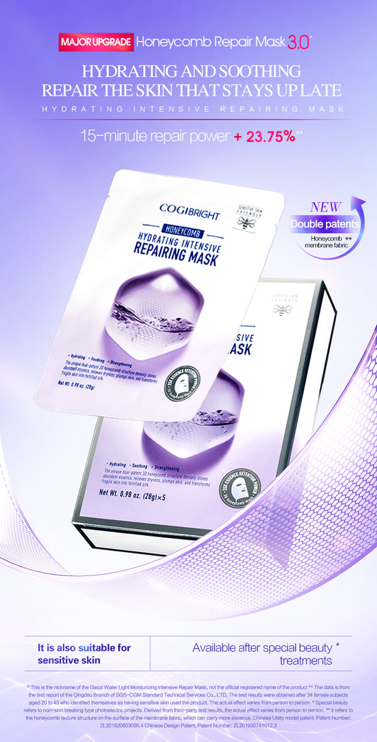 COGIBRIGHT Honeycomb Intensive Repair Mask 3.0 | 4D Hyaluronic Acid | Patented Membrane | Soothe Redness & Hydrate | Sensitive Skin & Late-Night Recovery | 5 Sheets