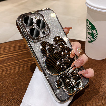 Suitable for iPhone15 mobile phone case gradient glitter rabbit mirror Apple 16 new silicone 14Promax bracket