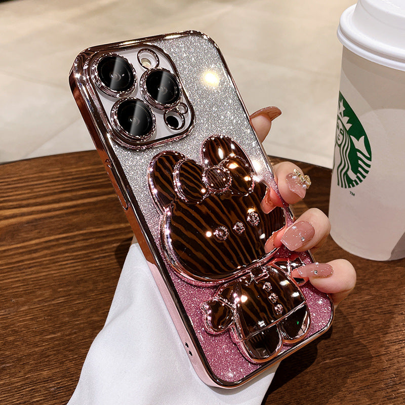Suitable for iPhone15 mobile phone case gradient glitter rabbit mirror Apple 16 new silicone 14Promax bracket
