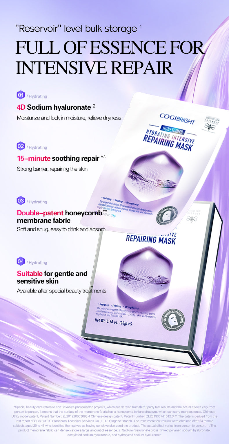 COGIBRIGHT Honeycomb Intensive Repair Mask 3.0 | 4D Hyaluronic Acid | Patented Membrane | Soothe Redness & Hydrate | Sensitive Skin & Late-Night Recovery | 5 Sheets