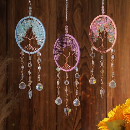 Light luxury tree of life dream catcher crystal stone hand-woven handicraft wind chime car pendant
