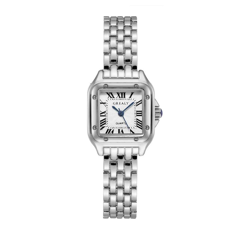 Reloj cuadrado de moda con temperamento, banda de acero con incrustaciones de diamantes, reloj de pulsera de cuarzo con números romanos para mujer